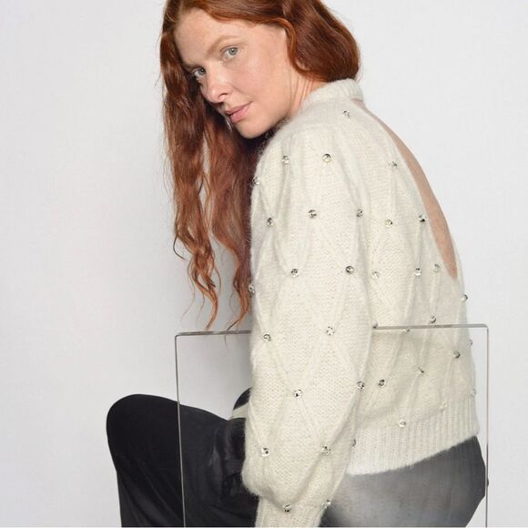 NWT 478.00- ELEVEN SIX ZARIA SWEATER IVORY W/BEADS XS/S OVERSIZED CROP HAND KNIT - Picture 2 of 13